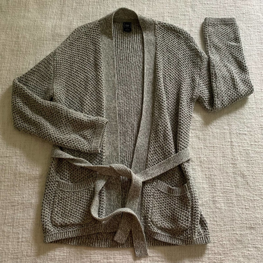 Gap Light Gray + White Knit Cardigan with Tie Size Large